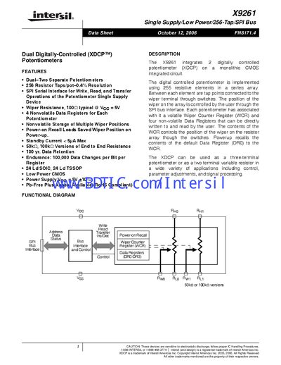 Intersil X9261 Dual Digitally-Controlled Potentiometer Datasheet - cover page