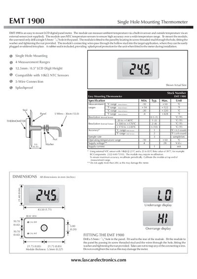 Lascar EMT 1900 Single Hole Mounting Thermometer Handbook - cover page