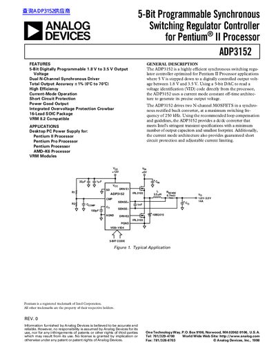ANALOG DEVICES ADP3152 5-Bit Programmable Dual Power Supply Controller for Pentium III Processors handbook - cover page