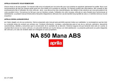 Aprilia NA 850 Mana ABS Owner's Manual - cover page