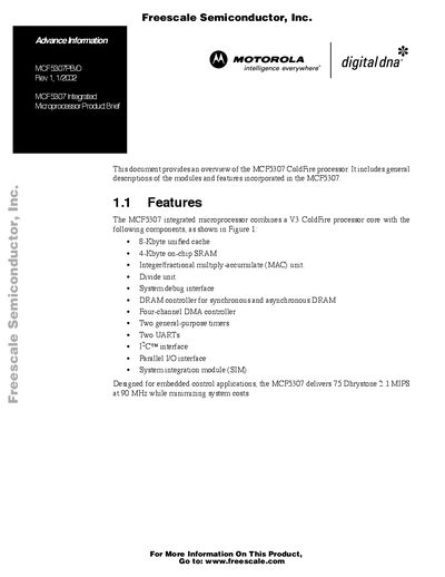 Freescale MCF5307PB/D Microprocessor Product Brief - cover page