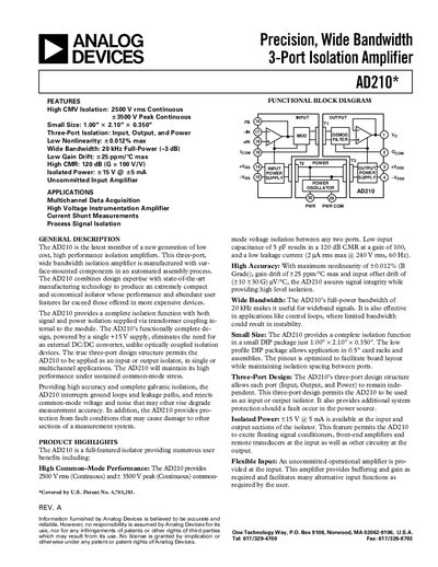 Analog Devices AD210 Precision Wide Bandwidth 3-Port Isolation Amplifier User Manual - cover page
