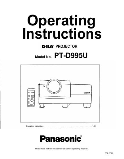 Panasonic PT-D995U D-ILA Projector Operating Instructions - cover page