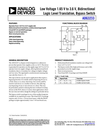 Analog Devices ADG3233 Bypass Switch Datasheet - cover page