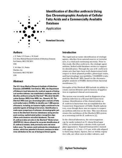 Identification of Bacillus anthracis Using Gas Chromatographic Analysis of Cellular Fatty Acids - cover page