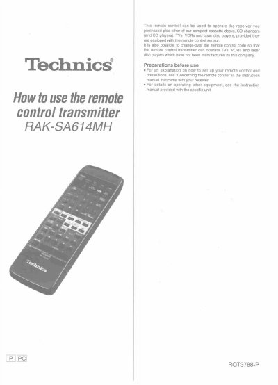 Technics RAK-SA614MH Remote Control Transmitter User Manual - cover page