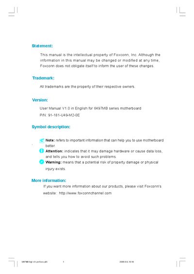 Foxconn 6497MB Motherboard User Manual V1.0 - cover page