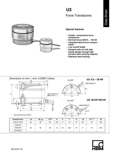 HBM U3 Force Transducer Datasheet - cover page