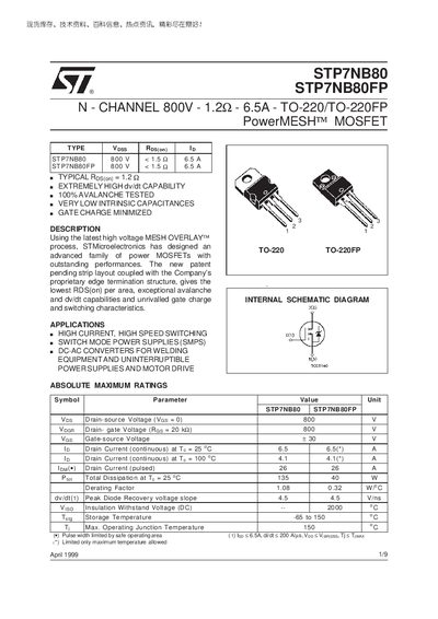 STMICROELECTRONICS STP7NB80 STP7NB80FP N - CHANNEL 800V - 1.2 - 6.5A - TO-220/TO-220FP PowerMESH MOSFET handbook - cover page