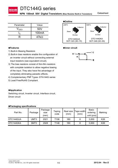 ROHM DTC144GUA Datasheet - cover page