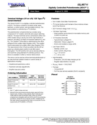 Intersil ISL95711 Digitally Controlled Potentiometer Datasheet - cover page