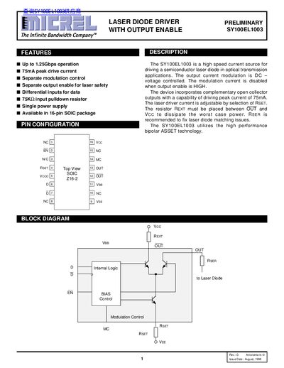 Micrel SY100EL1003 Laser Diode Driver Datasheet - cover page
