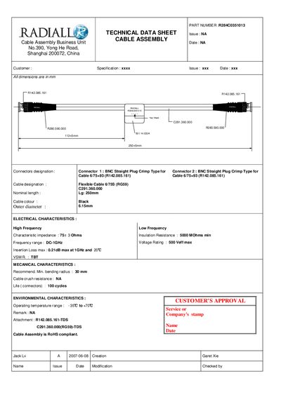 Radiall R284C0351013 Cable Assembly Technical Data Sheet - cover page