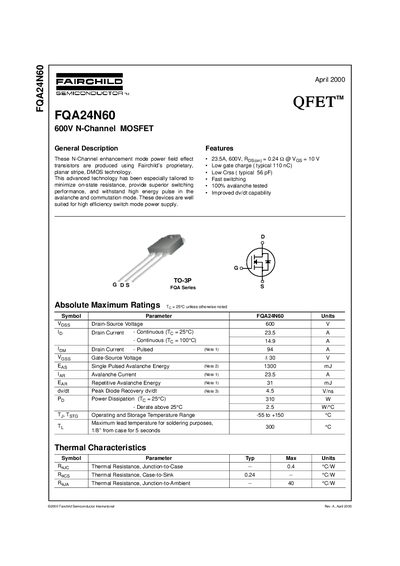 Fairchild FQA24N60 N-Channel MOSFET Datasheet - cover page