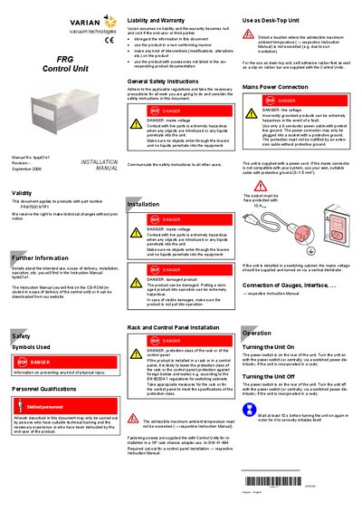 Varian FRG700CNTR1 Control Unit Installation Manual - cover page