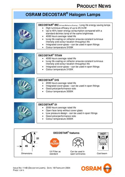 OSRAM DECOSTAR Halogen Lamps Product News - cover page