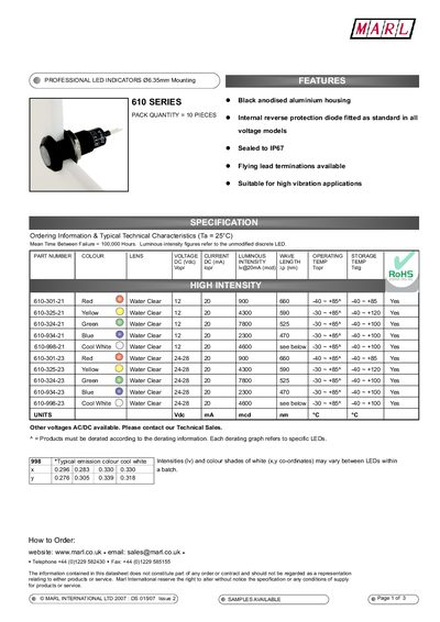 Marl International 610 Series LED Indicator Datasheet - cover page