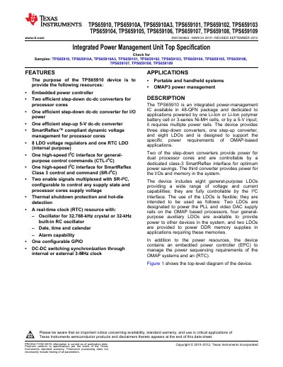 TEXAS INSTRUMENTS-TPS65910-TPS659101 Power Management - cover page