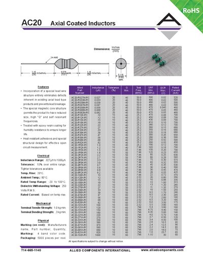 Allied Components AC20 Axial Coated Inductors Datasheet - cover page