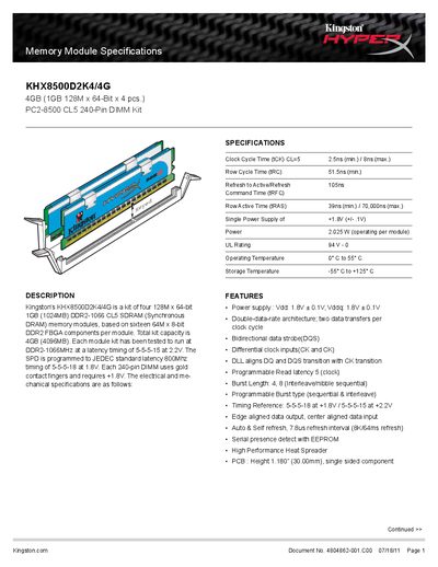 Kingston KHX8500D2K4/4G Datasheet - cover page