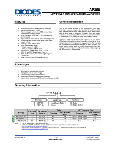 Diodes AP358 Low Power Dual Operational Amplifiers Datasheet - cover page