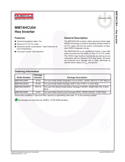 Fairchild MM74HCU04 Hex Inverter Datasheet - cover page