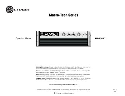 Crown MA-5002VZ Power Amplifier Operation Manual - cover page