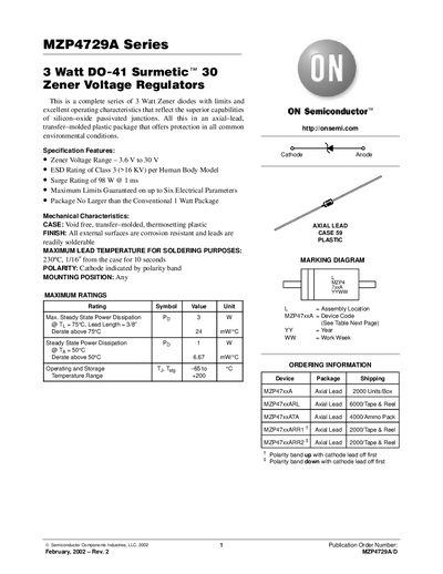 ON Semiconductor MZP4729A Series 3 Watt DO-41 Surmetic Zener Voltage Regulators Datasheet - cover page