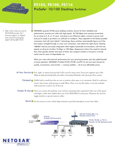 NETGEAR FS105/FS108/FS116 ProSafe 10/100 Desktop Switches Quick Start Guide
