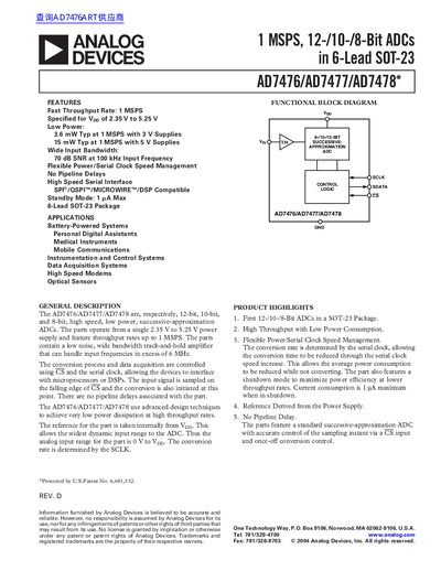ANALOG DEVICES 1 MSPS 12-/10-/8-Bit ADCs in 6-Lead SOT-23 AD7476/AD7477/AD7478* handbook