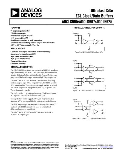 Analog Devices ADCLK905/ADCLK907/ADCLK925 Clock/Data Buffer Datasheet