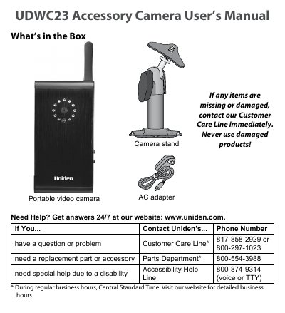 Uniden UDWC23 Accessory Camera User Manual - cover page
