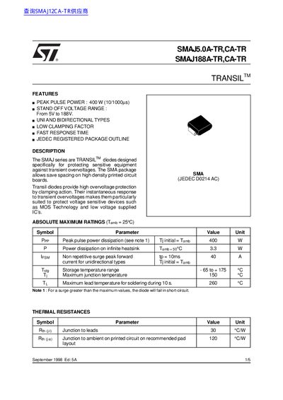 ST SMAJ5.0A-TR CA-TR SMAJ188A-TR CA-TR handbook - cover page