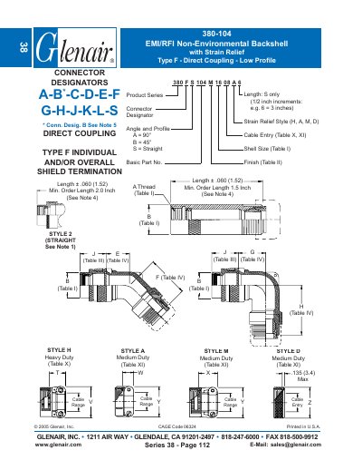Glenair 380-104 EMI/RFI Non-Environmental Backshell with Strain Relief Type F Direct Coupling Low Profile Datasheet - cover page