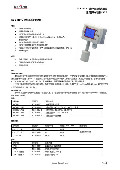 Vector Controls SOC-H1T1 Outdoor Temperature and Humidity Transmitter User Manual