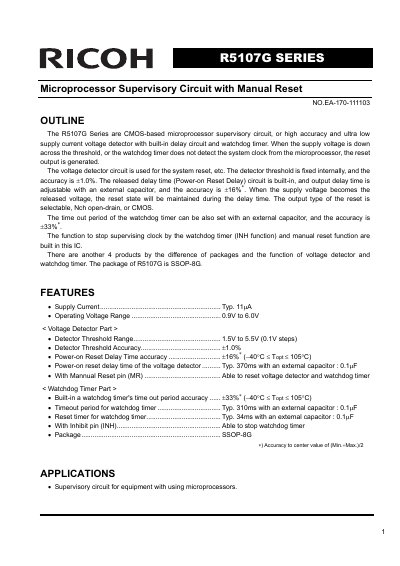 Ricoh R5107G Series Microprocessor Supervisory Circuit Datasheet - cover page
