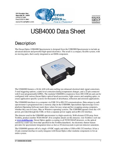 Ocean Optics USB4000 Spectrometer Data Sheet - cover page