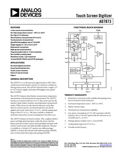 Analog Devices AD7873 Datasheet Rev E - cover page