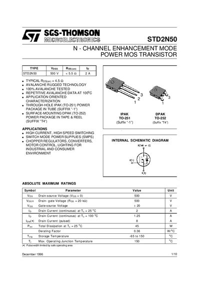 STMicroelectronics STD2N50 N-Channel Enhancement Mode Power MOSFET Datasheet - cover page