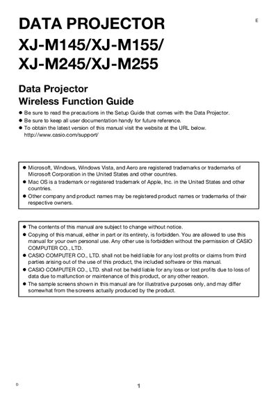 Casio XJ-M145/XJ-M155/XJ-M245/XJ-M255 Data Projector Wireless Function Guide - cover page
