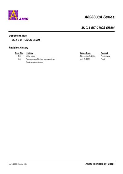 AMIC A623308A Series 8K x 8 Bit CMOS SRAM Datasheet - cover page