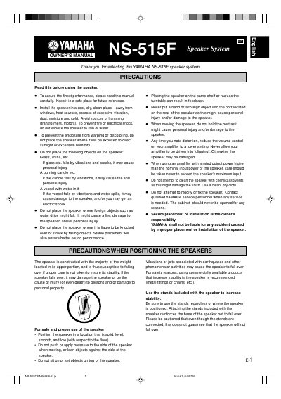 Yamaha NS-515F Speaker System Owner's Manual