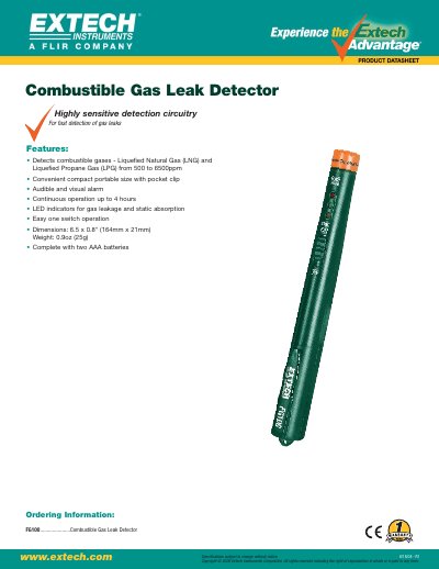 EXTECH FG100 Combustible Gas Leak Detector Datasheet - cover page