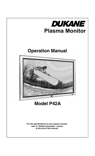 Dukane P42A Plasma Monitor Operation Manual - cover page