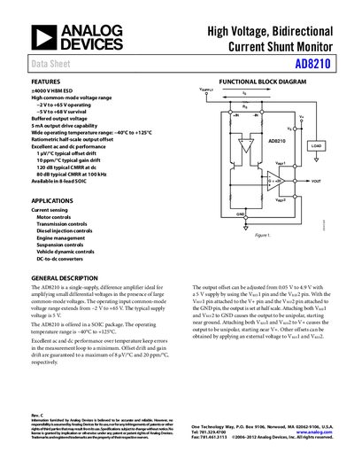 Analog Devices AD8210 High Voltage Current Shunt Monitor Datasheet