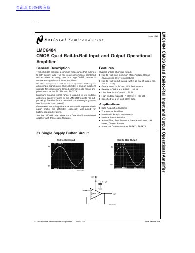National Semiconductor LMC6484 CMOS Quad Rail-to-Rail Input Output Operational Amplifier Datasheet - cover page