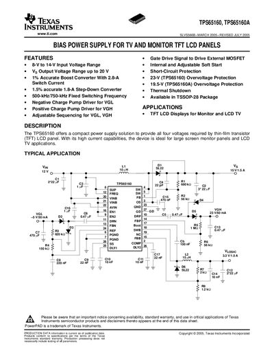 Texas Instruments TPS65160/TPS65160A Bias Power Supply Datasheet - cover page