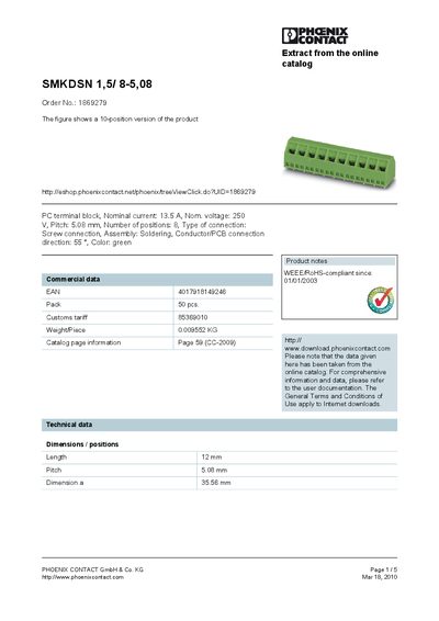 Phoenix Contact SMKDSN 1,5/8-5,08 Product Leaflet - cover page