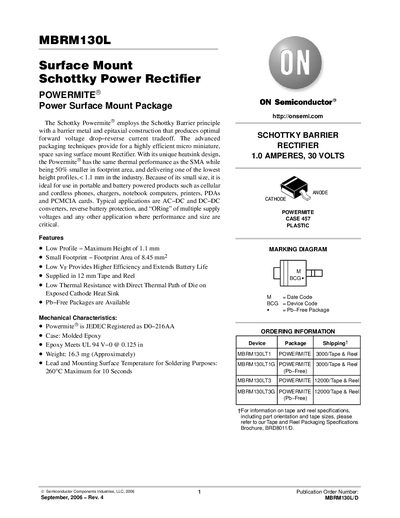 ON Semiconductor MBRM130L Schottky Power Rectifier Datasheet - cover page