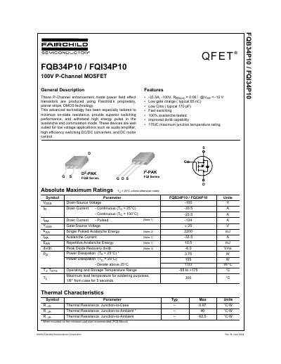 Fairchild Semiconductor FQB34P10 / FQI34P10 100V P-Channel MOSFET Datasheet - cover page
